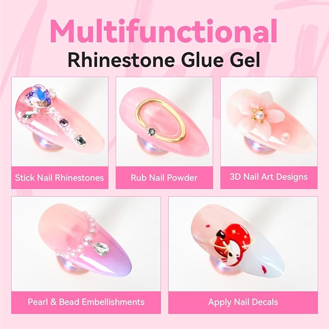 Makartt Nail Rhinestone Glue: Precision Tip and Brush for Tiny Gems 4 x 8ml | Low Viscosity, UV/LED Cured, Gap Filling, Small Charms, Glitter, Pearls and Sequins, 3D Sculpting, DIY and Salon Use