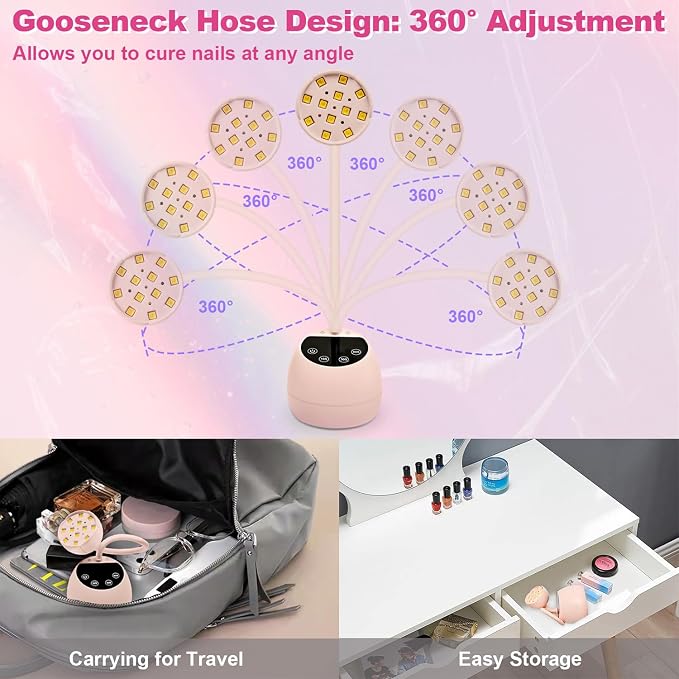 CGBE UV LED Nail Lamp, 36W Mini Cordless Flash Cure Nail Lamp for Gel Nails | USB Rechargeable UV Nail Light with 4 Timers & Auto Sensor, Gooseneck Portable Gel X Lamp for Salon Home DIY Use, Pink