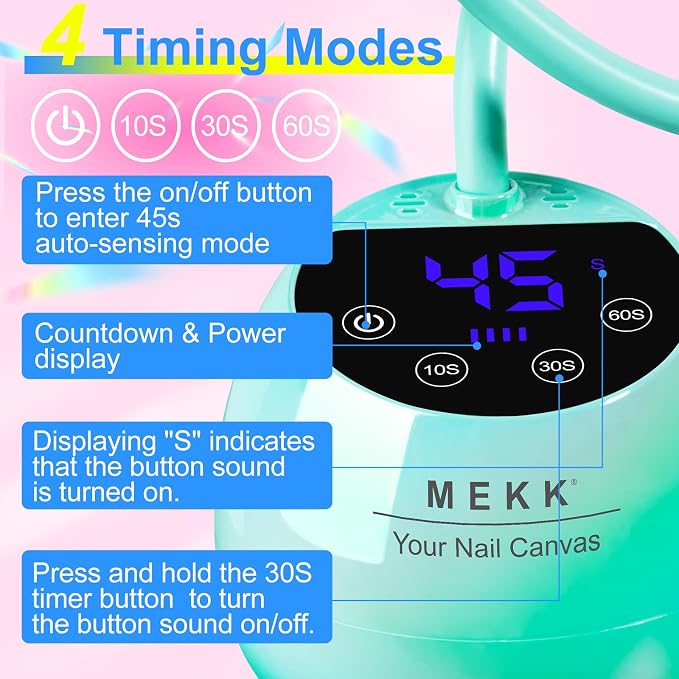 MEKK Gooseneck Flash Cure Nail Lamp, 36W Mini UV Light for Gel Nails | Cordless,Auto Sensor, 4 Timers (10/30/60/90s), Single Nail Detail Work, Portable, flower Design, Salon & Home, Glazed Blue