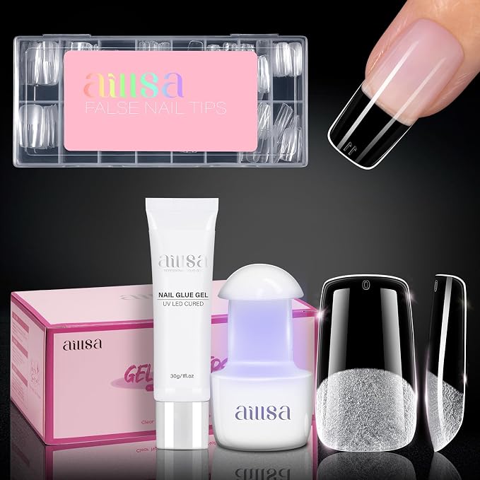 AILLSA Gel Nail Tips & Gel Glue Kit Medium Square Nail Tips 120pcs | Upgrade Glue Gel for Fake Tips Press on Nails, Nail Extensions Kit with Portable Nail Lamp for Beginners