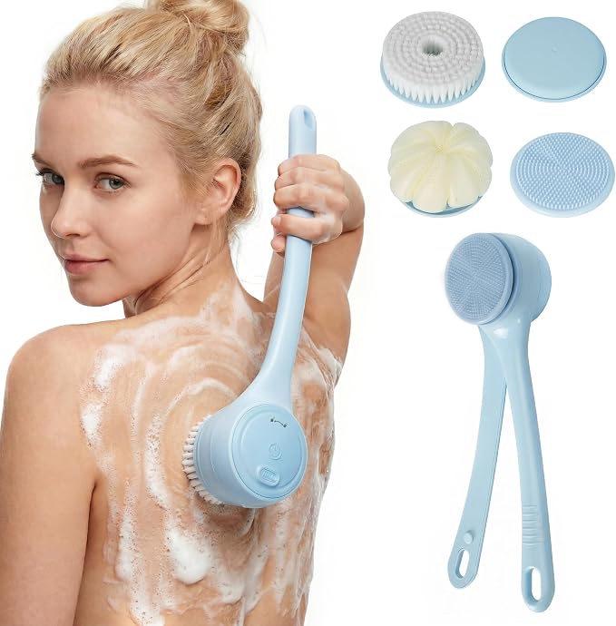 Electric Body Brush Back Scrubber for Shower，5 Replaceable Heads and Hook,Waterproof Long Dual Handle Power Body Scrubber 2 Speeds, for Cleansing Body, Exfoliating and Massaging Skin.