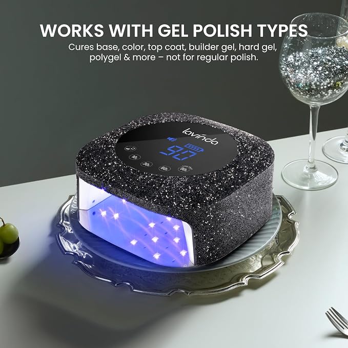 Lavinda 54W UV Nail Lamp Cordless, UV Light for Gel Nails Black Rhinestone | Professional Fast Curing Lamp Nail Dryer, Rechargeable UV LED Nail Lamp Nail Light with 4 Timers and LCD Display