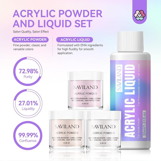 SAVILAND Acrylic Nail Kit for Beginners with Everything, Clear Nudes Pink | Acrylic Nail Powder and Liquid, #12 Brush, Cuticle Oil Pen, Forms & Tools, For Extensions & 3D Nails, Home DIY and Salon Use