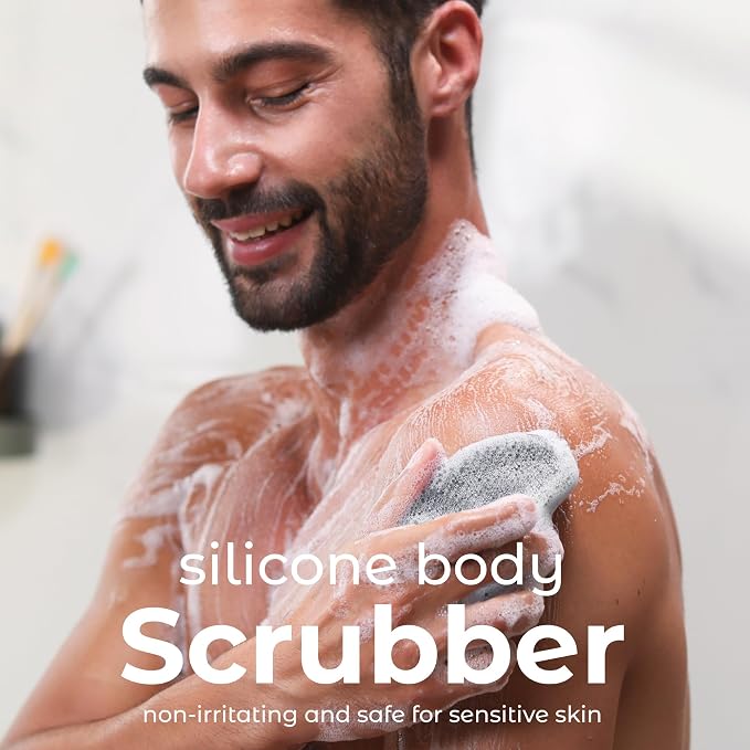MainBasics Silicone Body Scrubber Dual-Sided, Black, Scalp | Shower Scrubber and Scalp Massager, Gentle Silicone Loofah Alternative for Deep Clean
