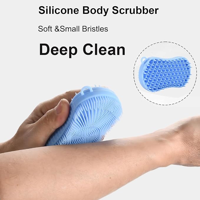 Silicone Body Scrubber, Double Sided Exfoliating Brush with Soft Flexible Bristles, Scalp Massage and Shampoo Tool with Hanger Loop, (Blue)