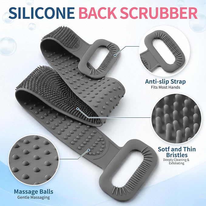 Manmihealth Silicone Back Scrubber for Shower & African Net Sponge Set | 36'' Dual-Sided Back Washer & African Long Bath Sponge, Extendable Long Silicone Body Brush (Black+Gray)