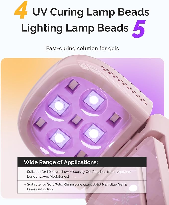 MelodySusie 2in1 Mini Cordless UV Nail Lamp P-ART09F for Manicure Beginners | Hands-Free Fold-out Stand,Lighting & Curing 2 Mode,30s/60s Timer, Use for Home Nail Art Design, 1000mAh Battery