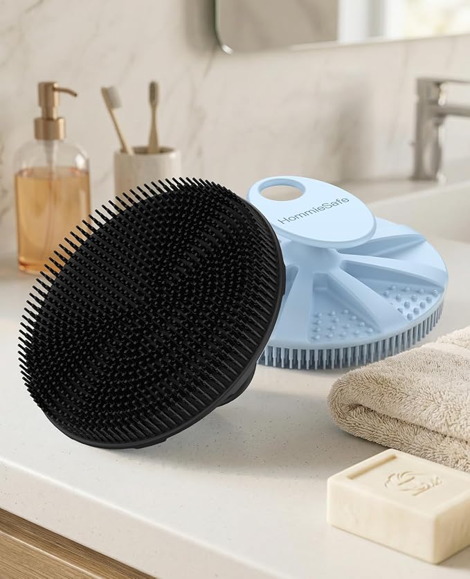 Soft Silicone Shower Brush Body Wash Bath Exfoliating Skin Massage Scrubber | 4 Pack Dry Skin Brushing Glove Loofah, Fit for Sensitive and All Kinds of Skin(2 Pack Sky Blue+2 Pack Black)