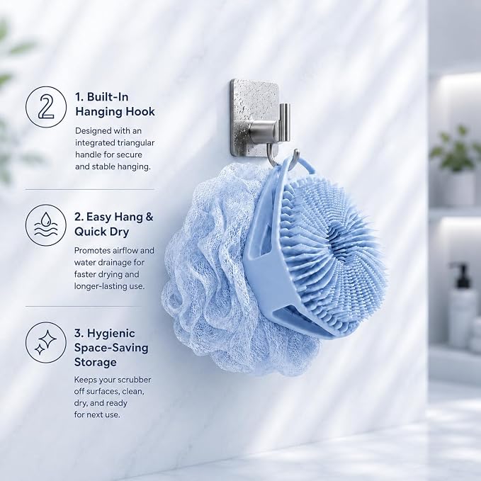 2-in-1 Silicone Body Scrubber & Mesh Loofah Sponge – Exfoliating Silicone Shower Scrubber with Soft Loofa Puff, Bristles, Non-Slip Grip, Quick Dry, Hygienic Body Scrubber for Women & Men