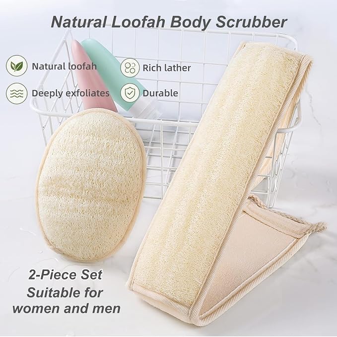 Natural Loofah Exfoliating Body Scrubber, 2-Piece Bath Set | Includes Loofah Back Scrubber + Loofah Sponge, Shower Loofah Scrubber for Men & Women, to Clean Body Deeply, Invigorate Skin