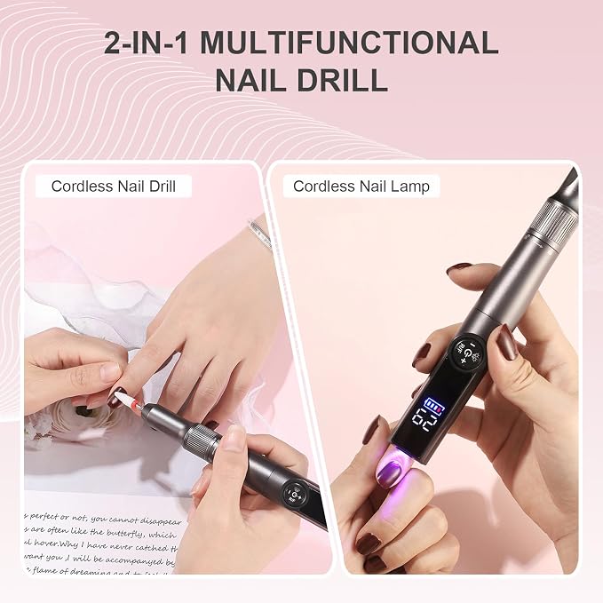 Electric Nail Drill Rechargeable Professional,2 in 1 Nail Grinder & UV Lamp Combo,35000 RPM,Portable Cordless Nail File Machine for Acrylic Nails,Gel Polishing,Shaping Nails,Manicure Art Tools