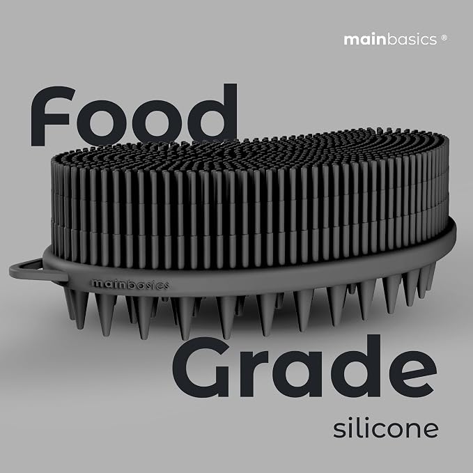 MainBasics Silicone Body Scrubber Dual-Sided, Black, Scalp | Shower Scrubber and Scalp Massager, Gentle Silicone Loofah Alternative for Deep Clean