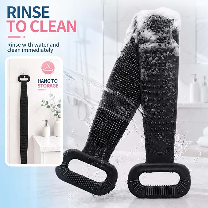 Manmihealth 36'' Extendable Silicone Back Scrubber for Shower Black | Back Washer with Long Strap Handle, Dual-Sided Silicone Body Brush for Men and Women