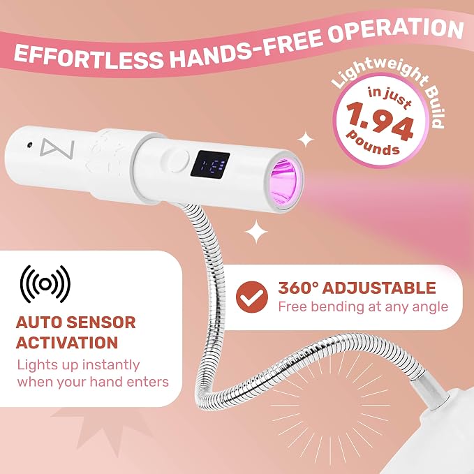M - GlamCure GO Nail Flash Cure Lamp with Focus Beam Technology, Touch Screen - LED & UV Nail Light - Curing Lamp for Gel Nails, Acrylic, Builder - Both Portable & Adjustable (White)