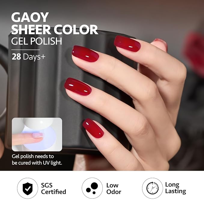GAOY Jelly Gel Nail Polish Set, 6 Colors Red Green Brown Yellow Pink UV Gel | Layer with Cat Eye, Buildable Color, UV Lamp Required, Easy to Apply, Long Lasting, Christmas Nails, Gift for Women