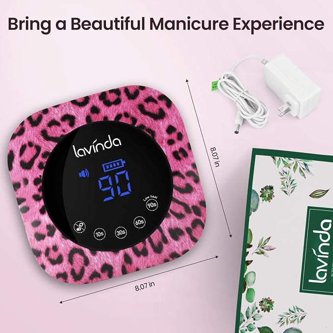 Lavinda 54W Cordless UV LED Nail Lamp for Gel Nails, Pink Cheetah Print | 36 dual-source LEDs, quick even curing, 4 preset timers, auto sensor, nail students, DIY manicures, statement vanity decor
