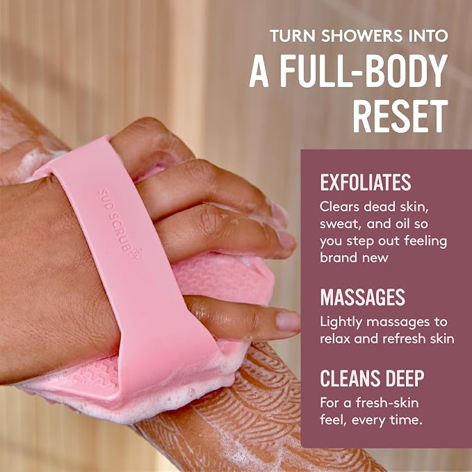 Sud Scrub® Antimicrobial Silicone Body Scrubber, Exfoliating Body Brush for Sensitive Skin, Antibacterial Shower Scrubber for Body, Bathroom Essentials for Men & Women, Pink
