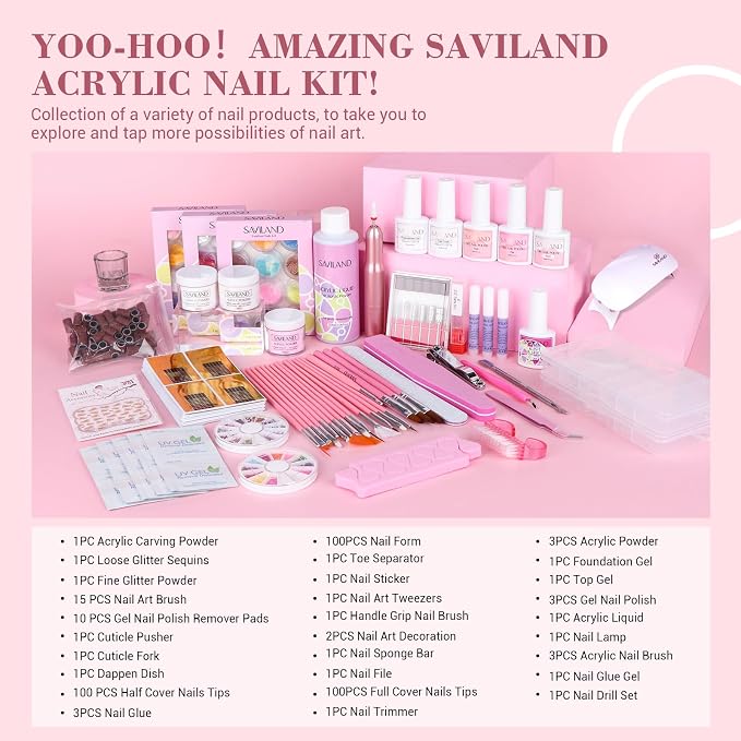 SAVILAND Essentials Acrylic Nail Kit for Beginners: Acrylic Nail Set with Glitter Powder 120ML Monomer Nail Drill Gel Nail Polish Nails Tips Home DIY Salon Use