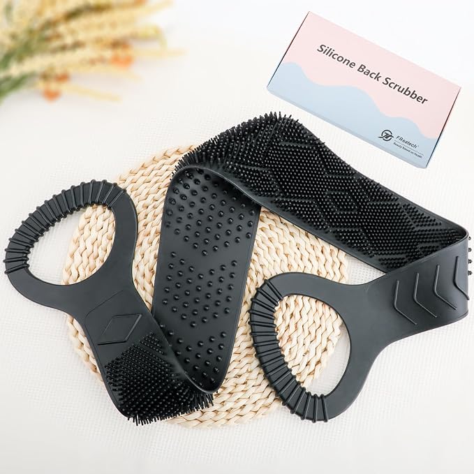 FREATECH Silicone Back Scrubber for Shower, 36" Dual-Sided Back Washer Exfoliator Strap to Clean, Exfoliate and Massage, Easily Cover the Entire Back for Men Women, Easy to Clean, Black