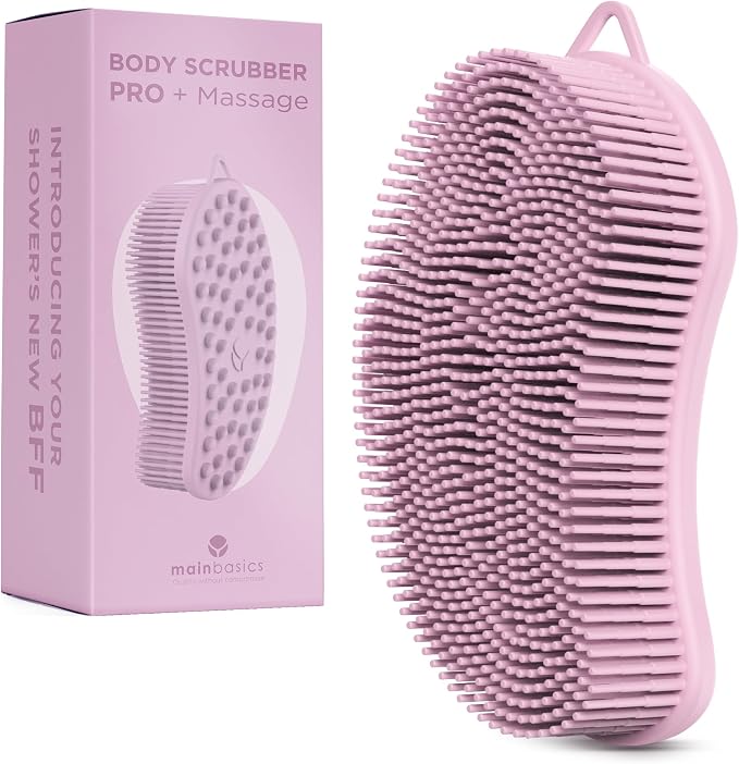 MainBasics Silicone Body Scrubber Dual-Sided, Pink, Massage | Shower Scrubber with Massage Nodes, Silicone Loofah Alternative for Deep Clean