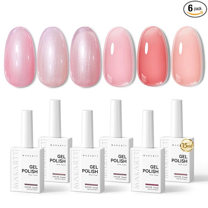 Makartt Pink Gel Nail Polish Set 15ML : 6 Sheer & Shimmer Colors | Large Capacity, High-Gloss, Light Soft To Dark, Soak Off, UV/LED Lamp Required, Home & Salon DIY