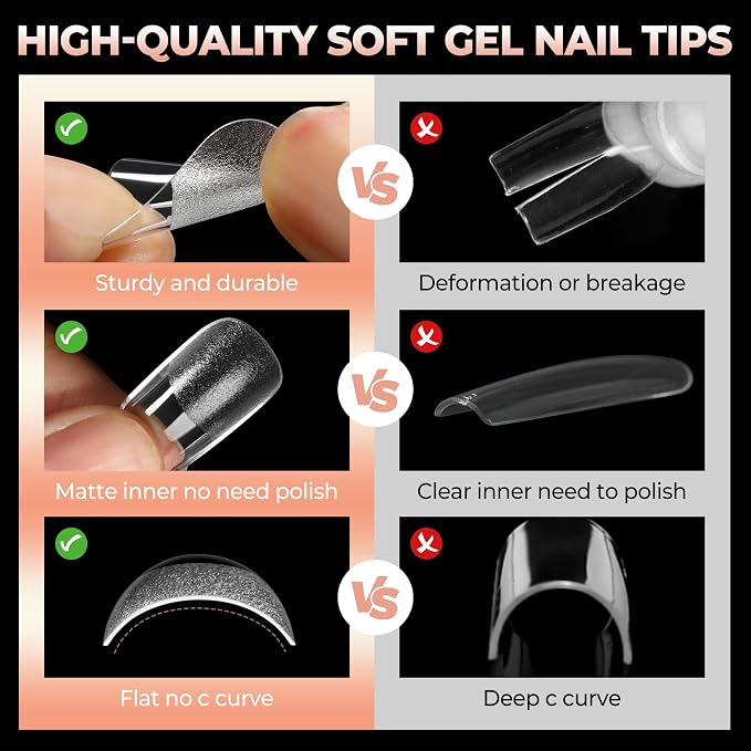 UNA GELLA Short Square Nail Tips Pre-buff Half Matte Gel Nails Tips 120Pcs | Soft Gel Nail Tips Short Square Clear Full Cover Fake Acrylic Nails for Nail Extensions DIY Home Salon 12 Sizes for Women