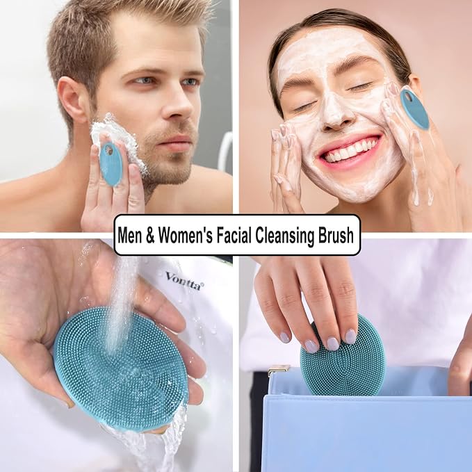 Silicone Face Brush Handheld Facial Cleansing Scrubber, Dark Green+Pink | Gentle Exfoliating, Massaging, Makeup Remover, Oil Remover, Food-grade Soft Bristle, Hygienic for All Skin Types, INNERNEED
