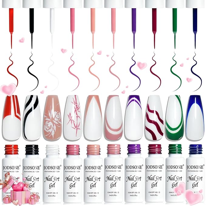 JODSONE 10pcs Nail Art Gel Liner Set,3D Nail Art Pens Effect for Fine Lines,Thin Brush Detail Polish,DIY Painted Nails at Home Salon,Liner Gel Nail Polish for Girls & Women