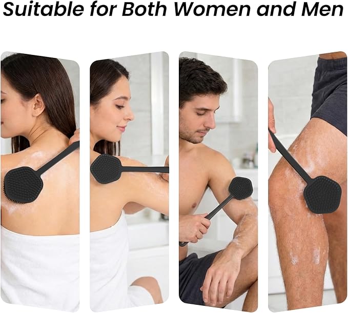 Redfly Silicone Back Scrubber for Shower Brush, 17.5 inch Long Handled Silicone Body Scrubber for Men & Women, Double Sided Shower Scrubber for Body Brush Exfoliator and Massage, Black
