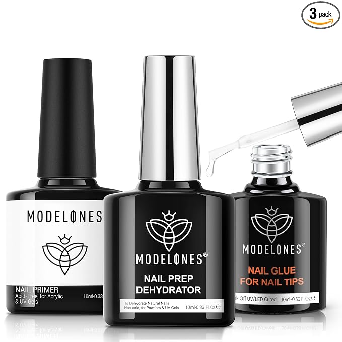 modelones 10-in-One X Nail Gel Glue with Nail Dehydrator Primer Set | Adhesive Bond for Press Ons False Tips Acrylic Rhinestones Prevent Lift Clear Multi Use Gel Polish U V Cure Soak Off Manicure