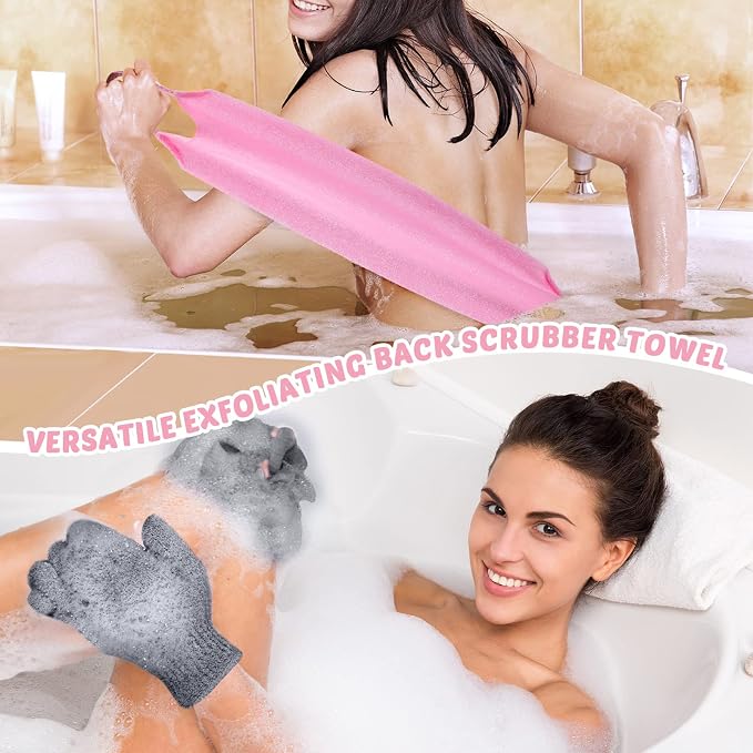 4 Pack Exfoliating Washcloth Back Scrubber Set, 2 Exfoliating Body Scrubber Nylon Back Body Scrub Towel, 2 Pairs Shower Gloves for Women Men Bath Shower Exfoliation(Pink, Gray)