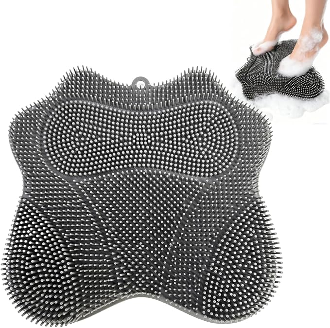 Shower Foot Scrubber Mat with Strong Suction Cups, Dual-Sided Silicone Shower Foot Scrubber Mat with 3 Brush Designs, Shower Foot & Back Scrubber Exfoliating Massage Pad