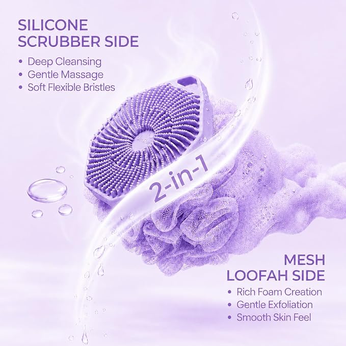 2-in-1 Silicone Body Scrubber & Mesh Loofah Sponge – Exfoliating Silicone Shower Scrubber with Soft Loofa Puff, Bristles, Non-Slip Grip, Quick Dry, Hygienic Body Scrubber for Women & Men