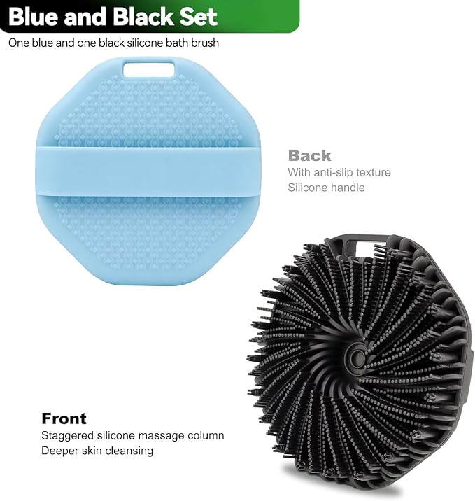 2 Pack Silicone Body Scrubber, Premium Silicone Loofah, Body Scrubber Exfoliator, Silicone Shower Scrubber with Non-Slip Hand Strap for All Skin Types (Black & Blue)