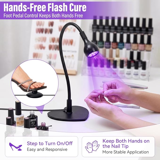 3W Flash Cure Nail Lamp with 365+405nm Dual Wavelength, UV LED Flash Cure Nail Light with Foot Pedal, Goose Neck and Stand for Gel X, Building Gel, Press on Nail
