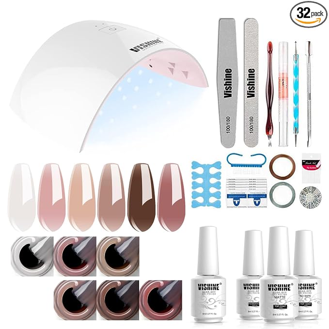 Vishine Gel Nail Polish Starter Kit with 36W UV LED Nail Lamp Speed Dryer Manicure Tools Set of 6 Sheer Milky White Neutrals Skin Nude Jelly Transparent Colors Gel Polish Base and Top Coat #055