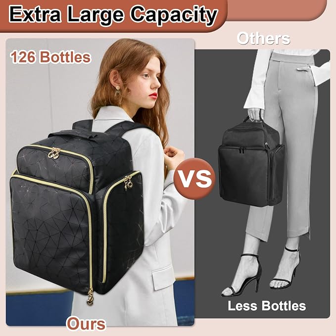 Nail Polish Organizer Backpack Holds 126 Bottles& Nail Lamp, Extra Large Nail Kit Supplies Organizer Bag with 3 Removable Cases, Portable Nail Organizers and Storage for Trave (Elegant Black)