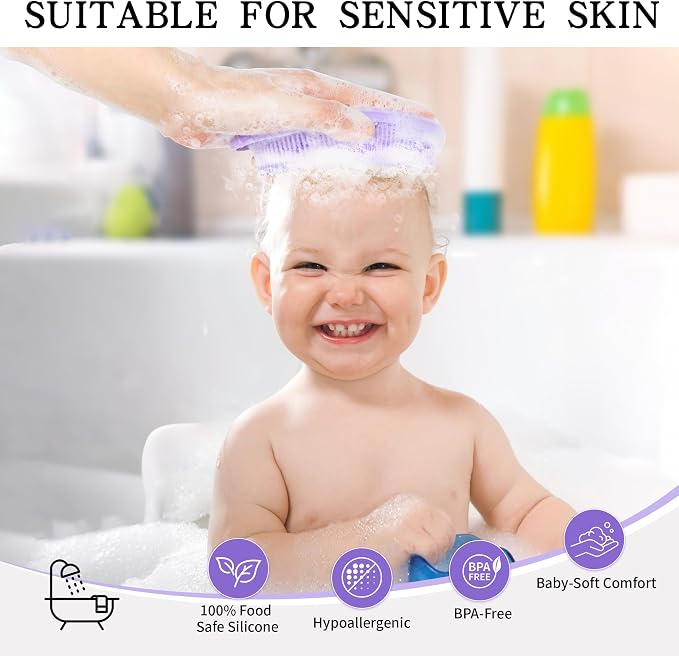 2 Pack Silicone Body Scrubber for Shower, Soft & Gentle Loofah Alternative for Sensitive Skin, Quick-Drying & Hygienic Body Wash Scrubber Brush for Women, Men & Kids (Purple & Pink)
