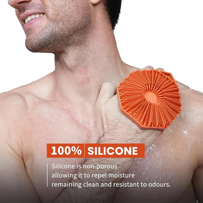 iTokGok® Premium 2-in-1 Silver-Infused Silicone Body Scrubber, Double-Sided Design Body Brush Silicone Body Scrubber Exfoliating Body Brushes for All Skin for Showering, Lathers Well - Orange