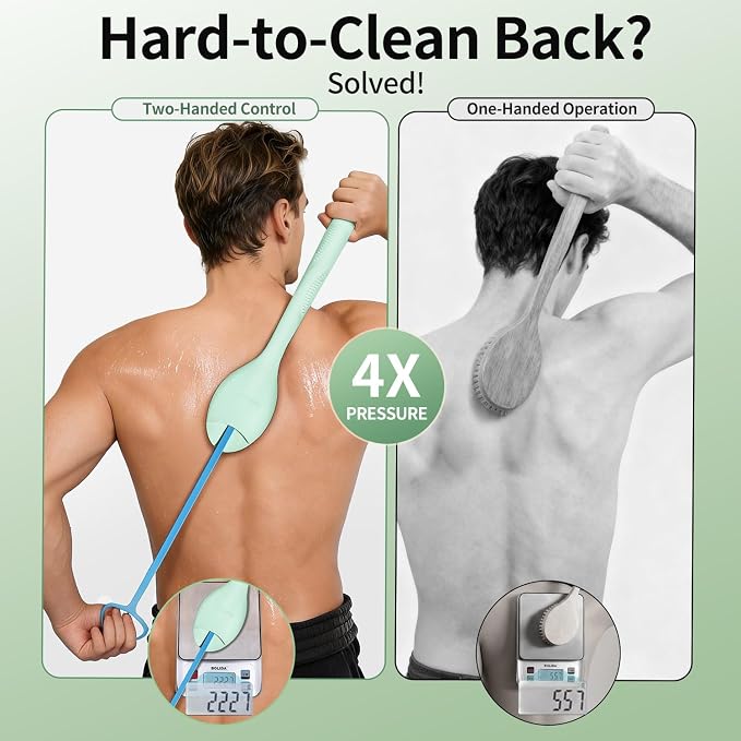 Extendable Silicone Back Scrubber, 17-32", 4X Scrub Power,Green | Dual handles for 4X power. Zinc-infused BPA-free silicone. 30D dense bristles for rich lather & deep cleanse. Quick-dry.