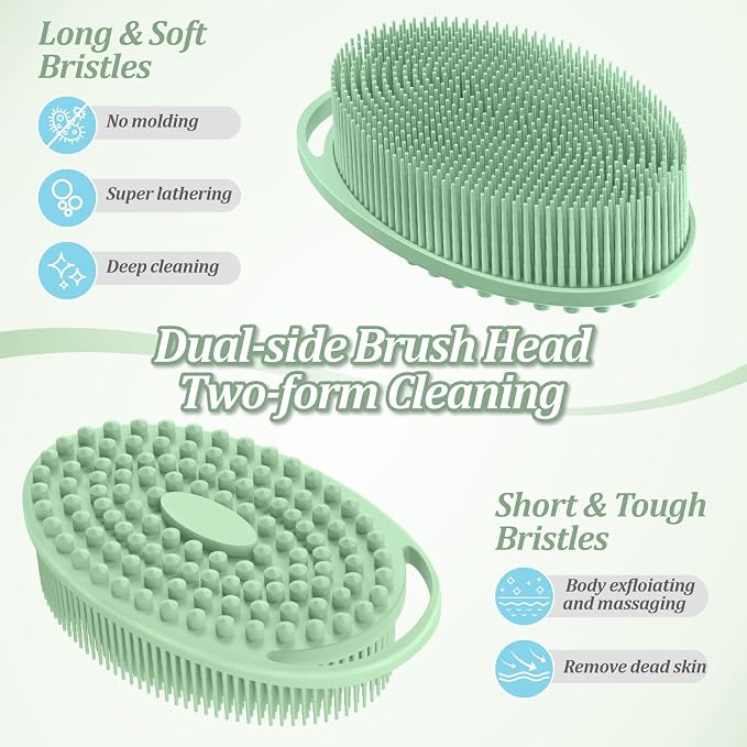 Silicone Back & Body & Face Scrubber Set 3PCS, Gentle Exfoliating Back & Body Scrubber with Dual-Side Brush Head, Hygienic Silicone Loofahs with Soft Bristle and Non-Slip Handle(Green-3PC)