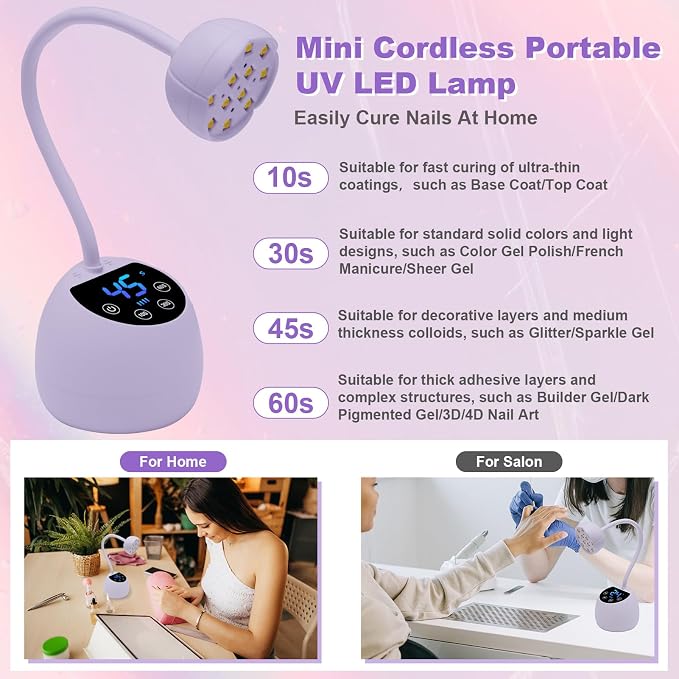 CGBE UV LED Nail Lamp, 36W Mini Cordless Flash Cure Nail Lamp for Gel Nails | USB Rechargeable UV Nail Light with 4 Timers & Auto Sensor, Gooseneck Portable Gel X Lamp for Salon Home DIY Use, Purple