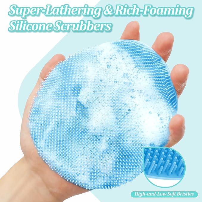 Silicone Back Body Face Scrubbers Set 4PCS, 15.35’’ Back Scrubber Soft Body Scrubber for Dual-Side Usage, Easy-to-Hold Soft Bath Glove & Face Scrubber for Good Foaming Deep Cleaning(Blue)