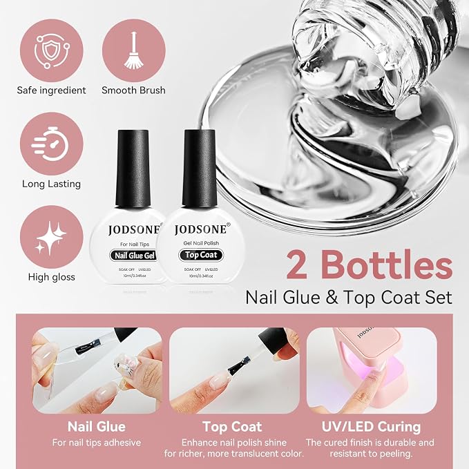 JODSONE Gel Nail Kit Long Almond Nail Tips 480PCS Mini Rechargeable Nail Lamp Pre Shaped Clear Full Cover Fake Nails Tips with Nail Glue & Top Coat U V LED Curing Lamp DIY Manicure Gifts for Women