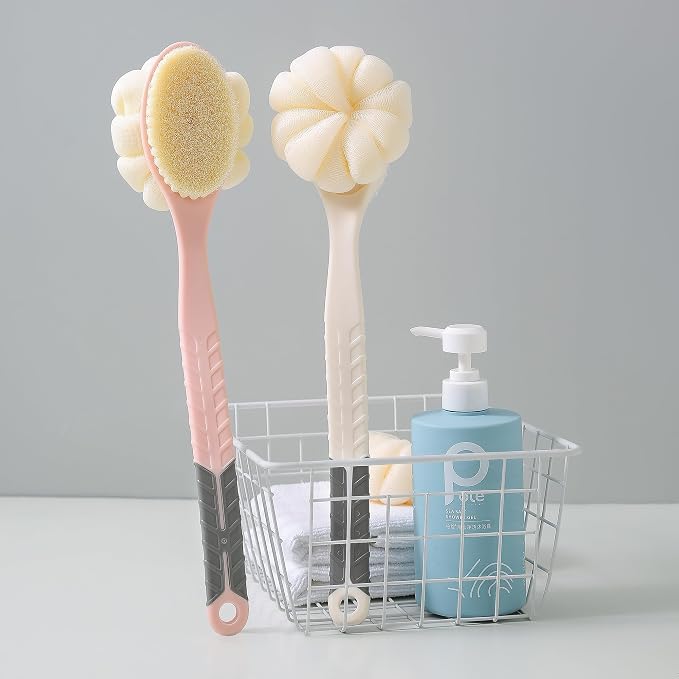 Shower Body Brush with Bristles and Large Pumpkin Loofah,Back Scrubber Bath Mesh Sponge with Anti-Slip Curved Long Handle for Skin Exfoliating,Massage Bristles for Wet or Dry,Men Women (Pink)