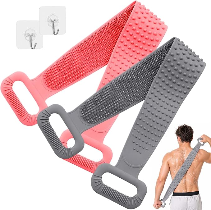 Manmihealth 36'' Extendable Silicone Back Scrubber for Shower Gray+Pink | Back Washer with Long Strap Handle, Dual-Sided Silicone Body Brush for Men and Women