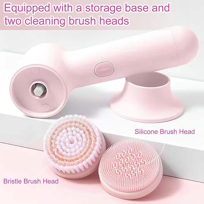 Electrical Facial Cleansing Brush, Multi-Function Face Wash Brush with Base and 2 Brush Heads, Portable Face Scrubber for Deep Skin Cleaning and Gentle Exfoliating (Pink)