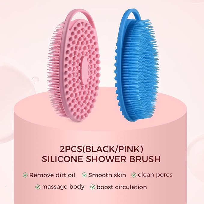 2 Pack Silicone Body Scrubber, Exfoliating Shower Scrubber for All Skin | 2 in 1 dual-sided design, soft bristles and massage bumps side, fast-drying, non-slip handle, for women and men, Blue+Pink