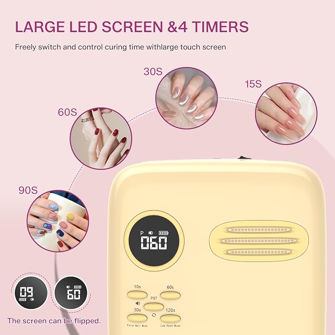 UV LED Nail Lamp for Gel Polish 72W Rechargeable Gel Nail Lamp Cordless Nail Dryer with Replaceable Light Board UV Light for Gel Nails for Home and Salon Use(Yellow)
