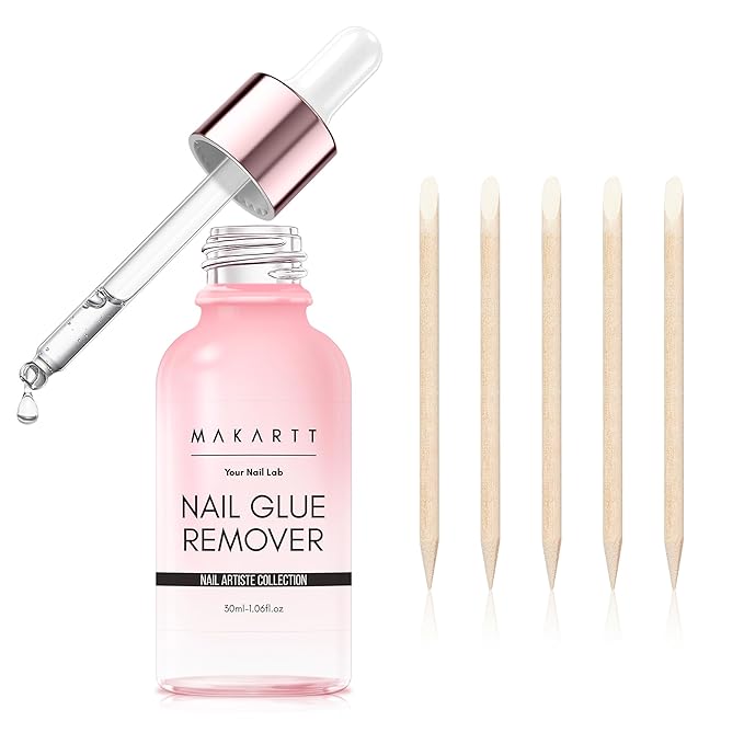 Makartt Gentle Press On Nail Glue Remover with Vitamin E, 30 ML Non-Acetone | Hema Free & TPO Free, Easy Removal For Regular / Semi / Solid Glue, Includes 1 Dropper 4 Cuticle Sticks, Not for Gel Polish